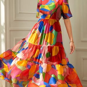 Stylewe Loose Elegant Crew Neck Short sleeve Abstract Long Dress, Dresses, color:As Picture|size:XXL, Stylewe
