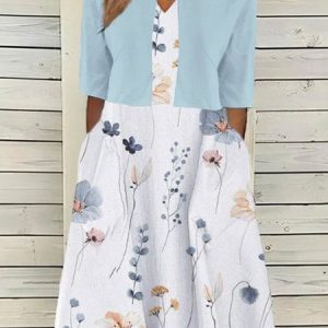Plus size Floral Casual Loose V Neck Two-Piece Set, Suit Set, color:Light Blue|size:4X, JustFashionNow