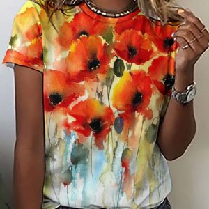 Women's Crew Neck Floral Casual T-Shirt, T-shirts, Lilicloth.com