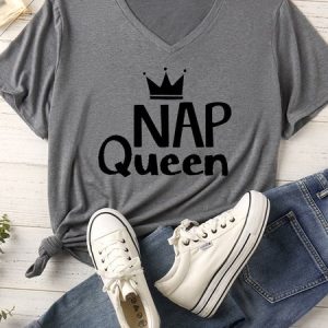 Lilicloth X Funnpaw Women's Nap Queen Matching V Neck T-Shirt, color:Gray|size:XXL, Lilicloth.com