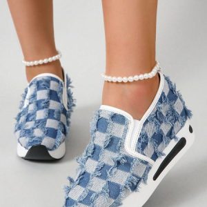 Casual Blue Denim Plaid Fringe Slip On Muffin Shoes, Sneakers, color:Blue|size:42, JustFashionNow