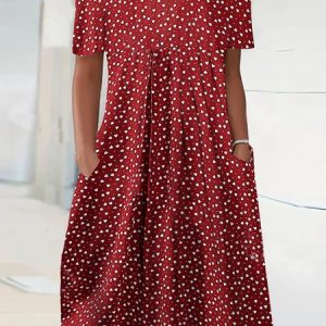Casual Loose Crew Neck Heart/Cordate Dress, Midi, color:Red|size:XXL, Noracora