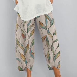 Linen Cotton Floral-Print Casual Pant, Pants, color:Gray|size:3XL, Noracora