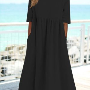 JFN Crew Neck Plain Loose Pocket Long Midi Dress, Dresses, color:Black|size:XXL, JustFashionNow