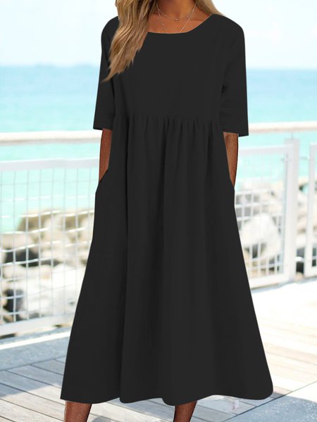 JFN Crew Neck Plain Loose Pocket Long Midi Dress, Dresses, color:Black|size:XXL, JustFashionNow