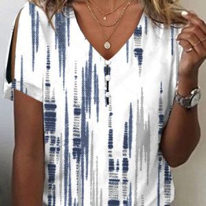 V Neck Ombre Loose Casual T-Shirt, T-Shirts, color:White|size:XXL, JustFashionNow