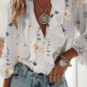 Casual Loose Floral V Neck Blouse, Shirts & Blouses, color:White|size:XXL, JustFashionNow
