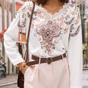 V Neck Vacation Ethnic Top, Shirts & Blouses, color:White|size:XXL, JustFashionNow