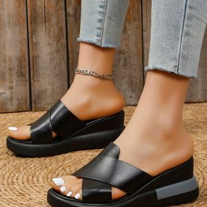 Casual Cut-out Peep Toe Wedge Slide Sandals, Sandals, color:Black|size:43, Noracora