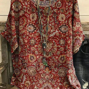 Paisley Loose Crew Neck Casual Shirt, Shirts & Blouses, color:Deep Red|size:XXL, JustFashionNow