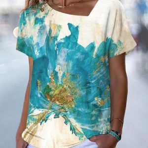 Casual Floral Square Neck Regular Fit T-Shirt, T-Shirts, color:Beige|size:3XL, JustFashionNow