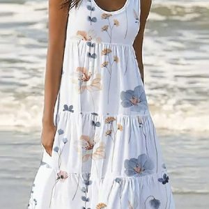 Floral Ruched Scoop Neck Vacation Loose Dress, Dresses, color:White|size:XXL, JustFashionNow