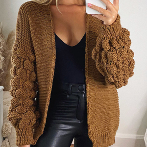 Cher Puff Sleeve Knitted Cardigan, Sweaters, color:Light Coffee|size:XXL, JustFashionNow