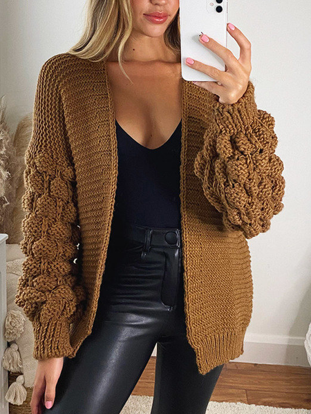 Cher Puff Sleeve Knitted Cardigan, Sweaters, color:Light Coffee|size:XXL, JustFashionNow