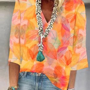 V Neck Casual Loose Leaf Shirt, Shirts & Blouses, color:Multicolor|size:XXL, JustFashionNow