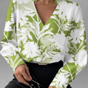 Loose Floral Casual V Neck Shirt, Shirts & Blouses, color:Green|size:XXL, JustFashionNow