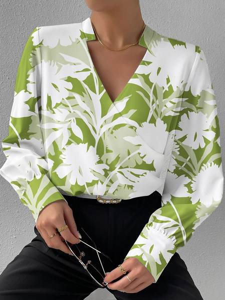 Loose Floral Casual V Neck Shirt, Shirts & Blouses, color:Green|size:XXL, JustFashionNow