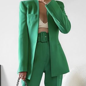 Long Sleeve Regular Fit Urban Plain V Neck Blazer, Blazers, color:Green|size:XXL, Stylewe