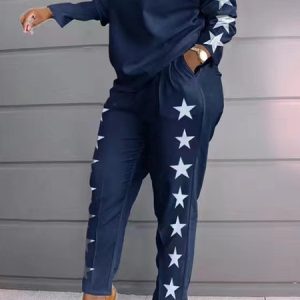 Casual Plaid Crew Neck Two-Piece Set, Suit Set, color:Blue|size:XXL, JustFashionNow