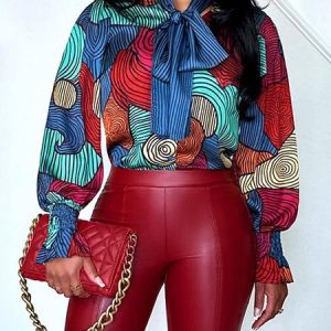 Bow Abstract  Print Urban Long Sleeve Blouse, Blouses and Shirts, color:Red|size:XXL, Stylewe