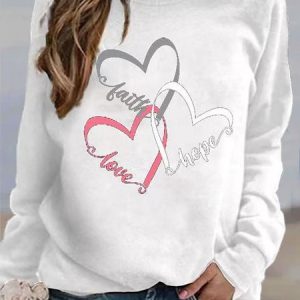 Casual Crew Neck Heart/Cordate Sweatshirt, Hoodies & Sweatshirts, color:White|size:3XL, Noracora