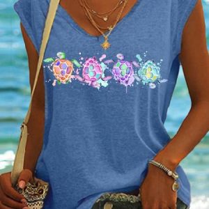 Women's Turtles Sea Beach summer print V Neck Casual Tank Top, color:Blue|size:3XL, Lilicloth.com