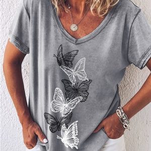 Women's Casual Crew Neck Butterfly T-Shirt, color:Gray|size:3XL, Lilicloth.com
