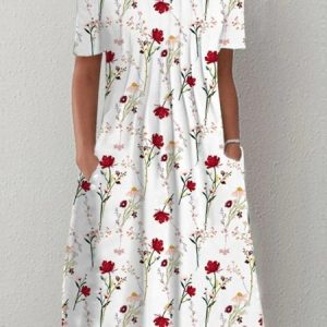 Casual Crew Neck Floral Dress, Midi, color:White|size:XXL, catalog Noracora shop