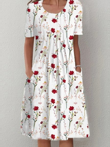 Casual Crew Neck Floral Dress, Dresses, color:White|size:XXL, JustFashionNow