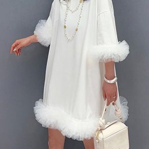Stand Collar Elegant Plain Loose Dress, Mini Dresses, color:White|size:XXL, Stylewe