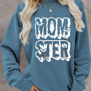 Casual Crew Neck Text Letters Sweatshirt, Hoodies & Sweatshirts, color:Blue|size:XXL, Noracora