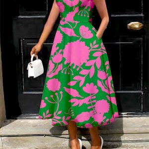 Crew Neck Elegant Floral Dress, Midi Dresses, color:As Picture|size:XXL, Stylewe