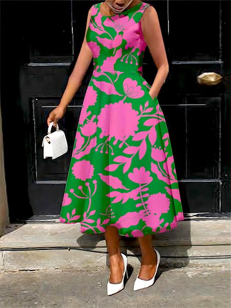 Crew Neck Elegant Floral Dress, Midi Dresses, color:As Picture|size:XXL, Stylewe