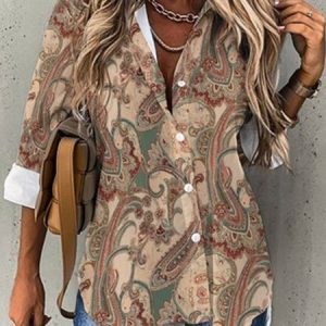 Shirt Collar Three Quarter Sleeve Paisley Buckle Regular Micro-Elasticity Loose TUNIC Blouse For Women, Shirts, color:Khaki|size:5XL, Noracora