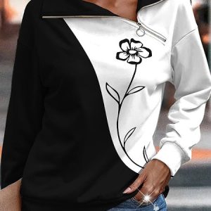 Cotton-Blend Shawl Collar Sweatshirt, Sweatshirts & Hoodies, color:Black-white|size:XXL, JustFashionNow