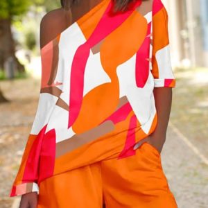 Color Block Casual Cold Shoulder Two-Piece Set, Suit Set, color:Orange|size:XXL, JustFashionNow