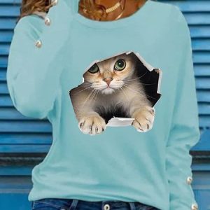 Casual Cat Crew Neck Buttoned T-Shirt, T-Shirts, color:Blue|size:XXL, JustFashionNow