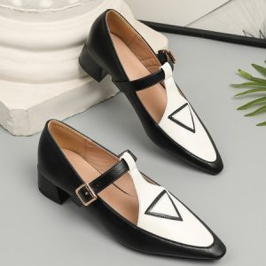 Color Block Adjustable Buckle Urban T-Strap Shoes, Flats, color:Black-white|size:43, JustFashionNow