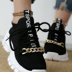 Black Letter Label Gold Rhinestone Chain Street Style Fly Knit Sneakers, Sneakers, color:Black|size:42, JustFashionNow
