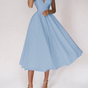 Women Plain V Neck Gallus Comfy Casual Midi Dress, Dresses, color:Sky Blue|size:XXL, Noracora