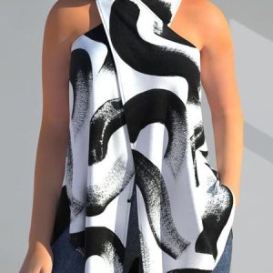 Loose Random Print Casual Halter T-Shirt, Tanks and Camis, color:Black-white|size:XXL, Stylewe