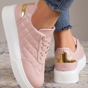 Metallic Color Contrast Stitching Plaid Embossed Casual Sneakers, Sneakers, color:Pink|size:43, JustFashionNow