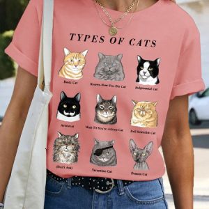 Women's Cat Lover Crew Neck Cat Casual T-Shirt, T-shirts, Lilicloth.com