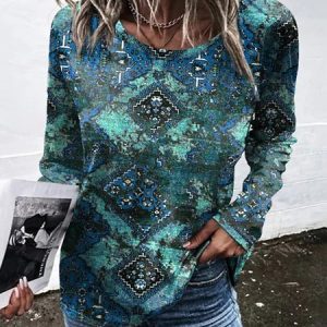 Casual Abstract Crew Neck Long Sleeve T-shirt, T-shirts, color:Green|size:5XL, Noracora