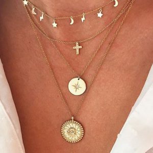 Vacation Star Cross Motif Diamond Layered Necklace Bohemian Casual Women's Jewelry, Necklaces, color:Golden|size:One-size, JustFashionNow