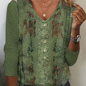 Casual Floral Loose V Neck Long Sleeve T-Shirt, color:Green|size:XXL, Lilicloth.com