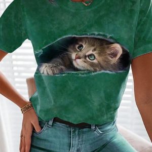 Casual Cat Crew Neck Loose T-Shirt, T-Shirts, color:Green|size:XXL, JustFashionNow
