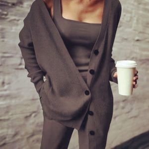 Plain Casual Knitted Matching Outfit, Suit Set, color:Coffee|size:4XL, JustFashionNow