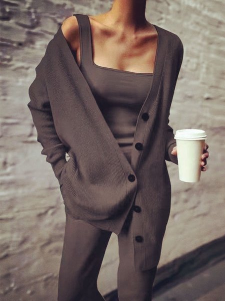 Plain Casual Knitted Matching Outfit, Suit Set, color:Coffee|size:4XL, JustFashionNow
