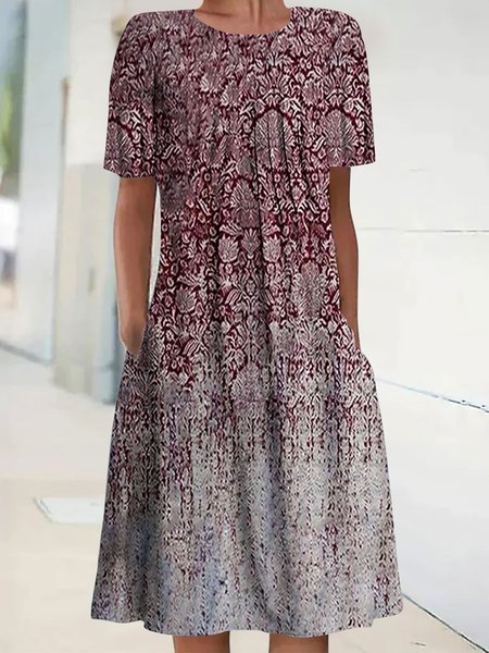 Casual Floral Regular Fit Crew Neck Dress, Dresses, color:Red|size:3XL, JustFashionNow
